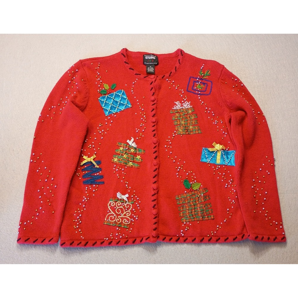 Designers Originals STUDIO‎ JOY Sweater M Red Cardigan Christmas Gifts Presents
